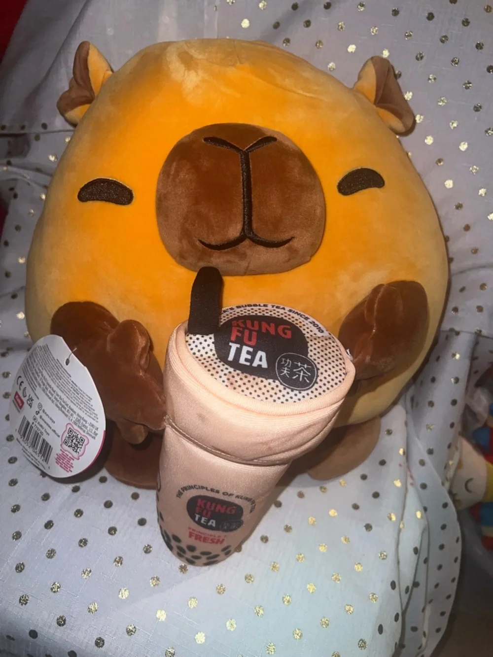 Capibara Kung Fu Tea Plush with Peach Bubble Tea Accessory - Brown/Orange